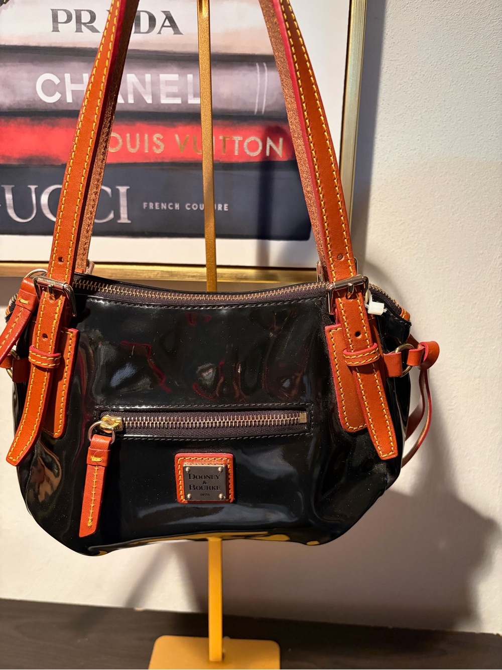 Dooney & Bourke Black Patent Shoulder Bag with Orange Trim
